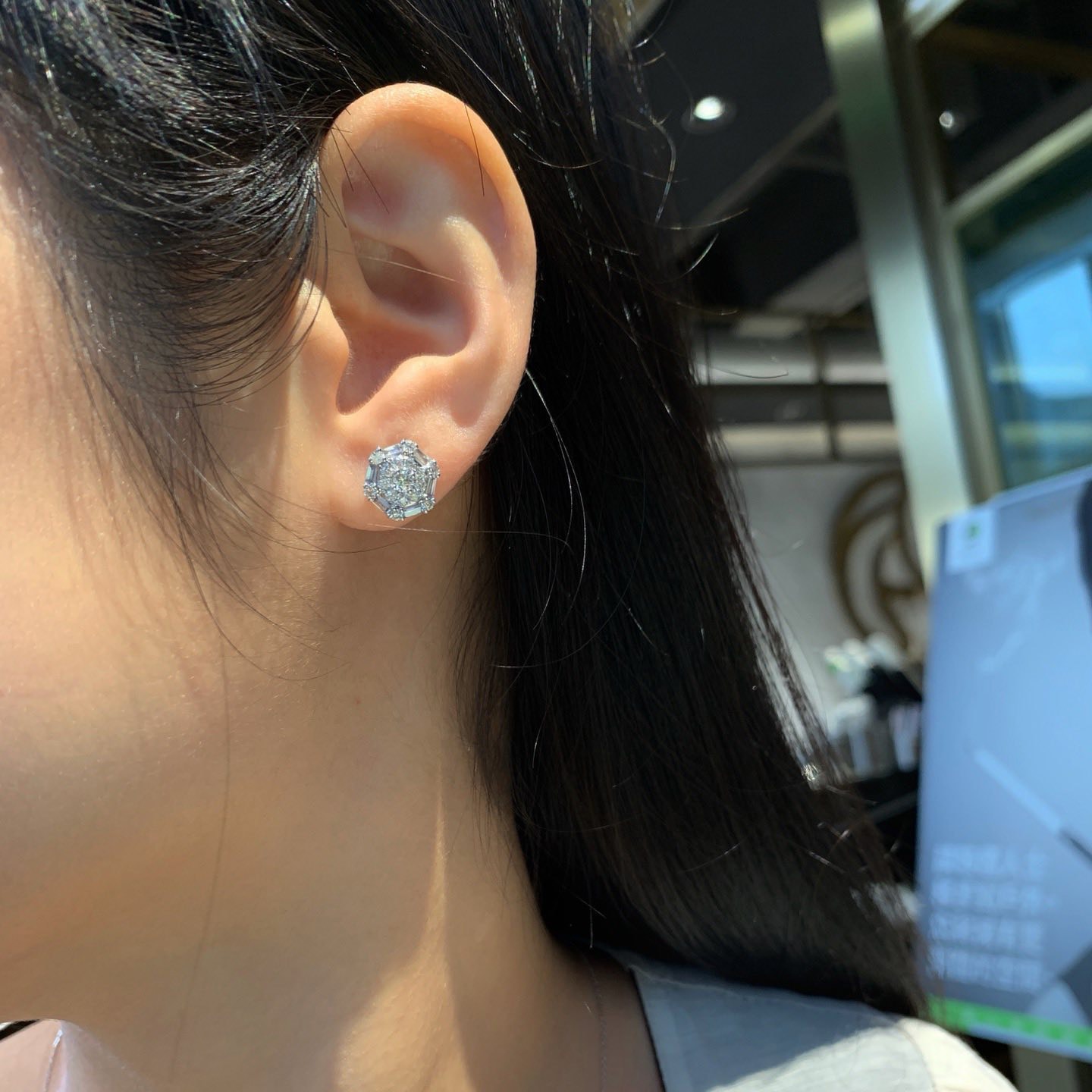 18K天然鑽石-六邊型大顆耳環