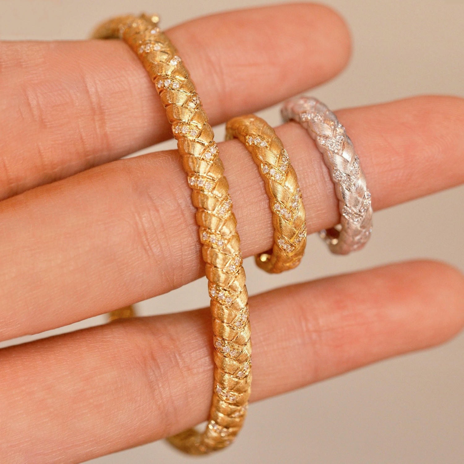 18K天然鑽石拉絲編織手鐲/戒指