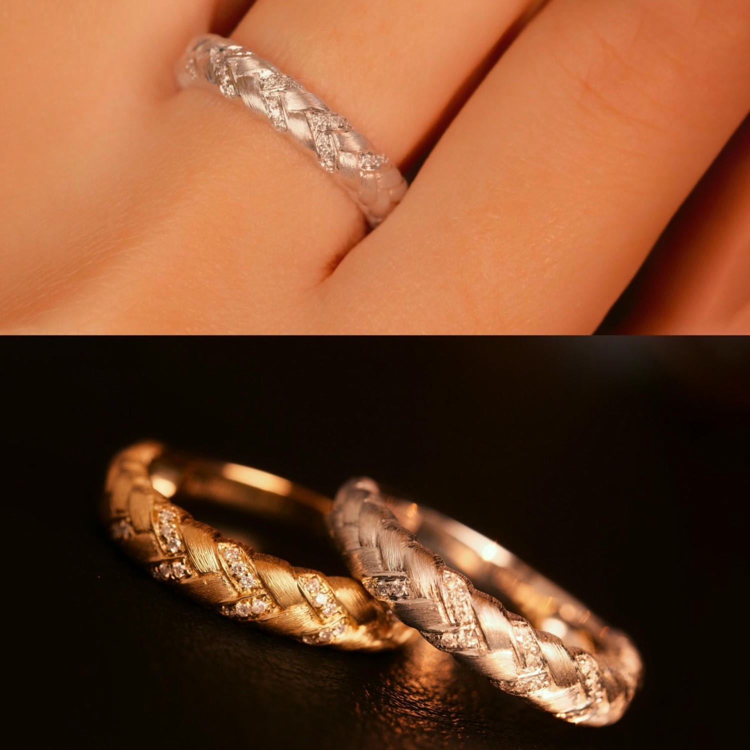 18K天然鑽石拉絲編織手鐲/戒指