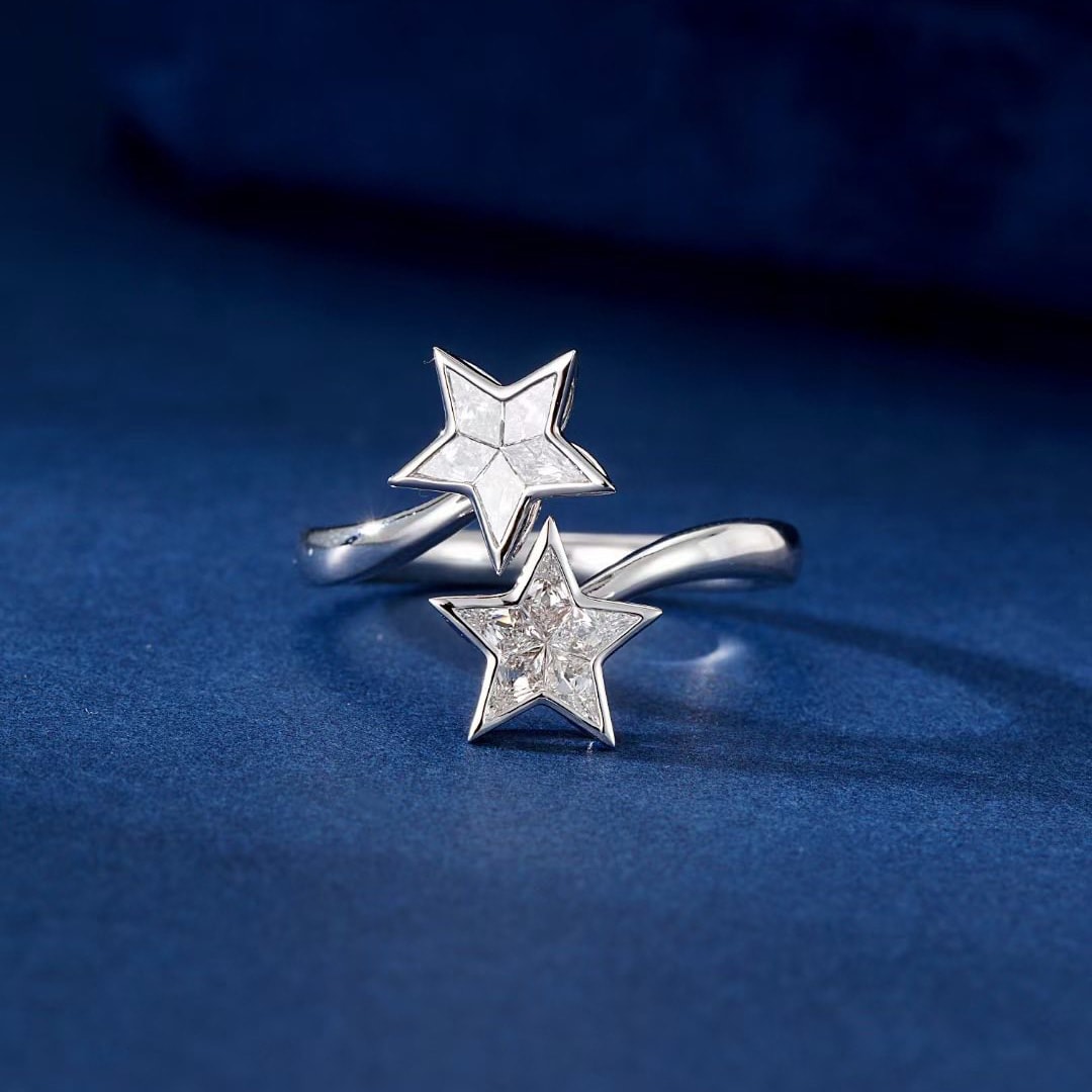 18K天然鑽石-雙五角星戒指