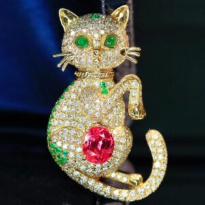 18K天然寶石-復古靈貓多用胸針