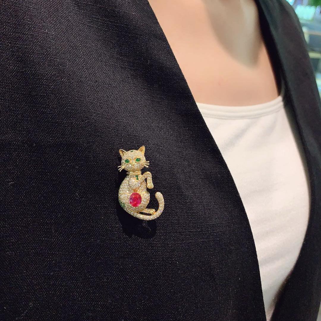 18K天然寶石-復古靈貓多用胸針